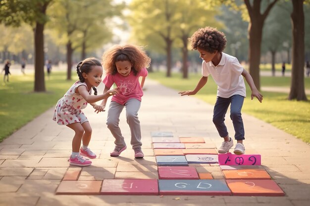 Crianças brincando de amarelinha no parque