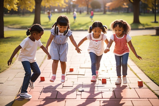 Crianças brincando de amarelinha no parque