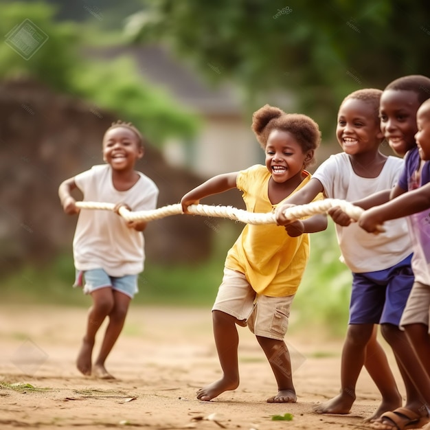 Crianças brincando de cabo de guerra com uma corda