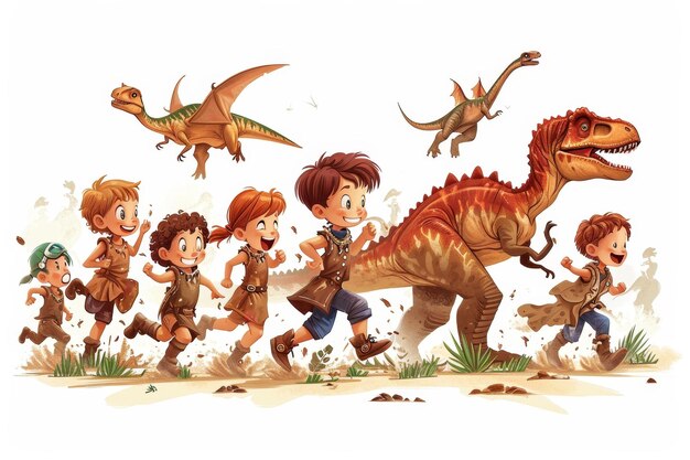 Crianças brincando e correndo com ilustração de dinossauros