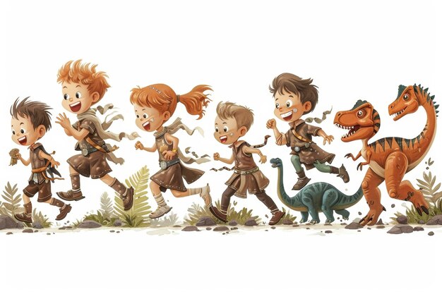 Crianças brincando e correndo com ilustração de dinossauros