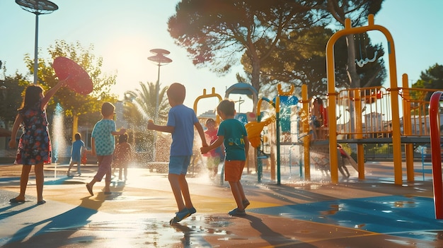 Crianças brincando em um parque de fontes de água em um dia ensolarado