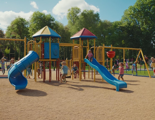 Crianças brincando em um playground seu riso ressoando em todo o parque