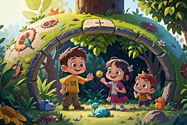 Crianças brincando na floresta desenho animado Floresta Crianças Paraíso papel de parede Ilustração de fundo