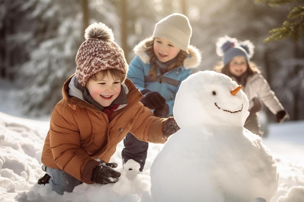 crianças brincando na neve com um boneco de neve