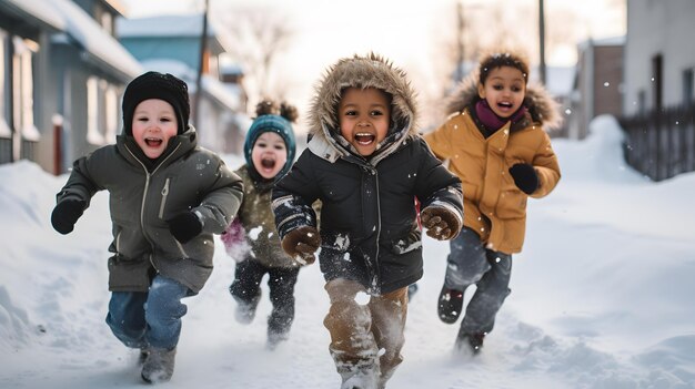 Foto crianças brincando na neve em um dia de inverno gelado