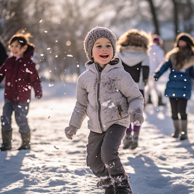 Foto crianças brincando na neve pura felicidade