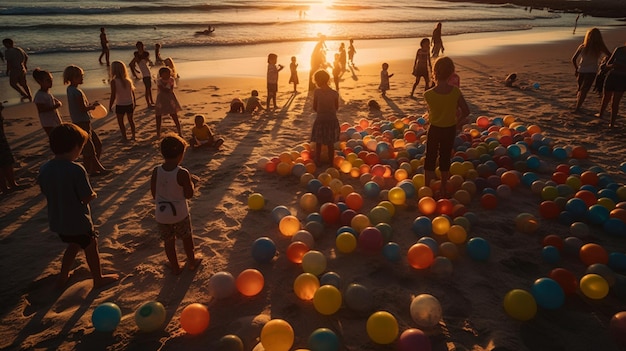 Foto crianças brincando na praia com balões coloridos ao fundo