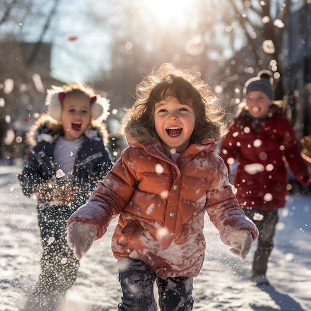 Foto crianças brincando na rua com a neve nas férias de natal