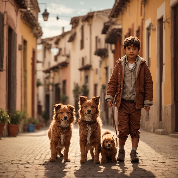 Foto crianças caminhando em paralelepípedos com cães de rua