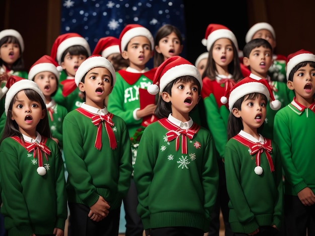 Crianças cantam uma canção de pé junto à lareira na véspera de Natal