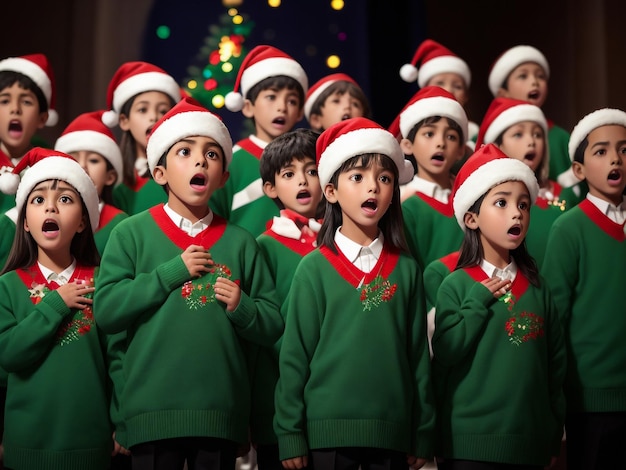 Crianças cantam uma canção de pé junto à lareira na véspera de Natal