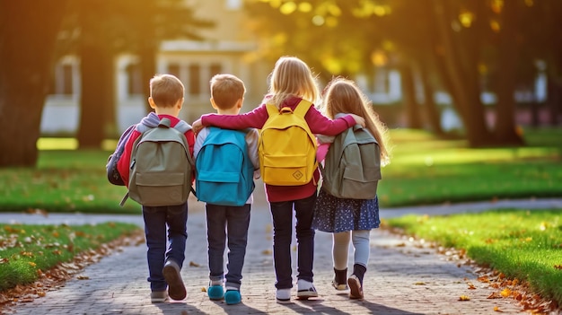 Crianças carregando mochilas escolares de volta à escola Criança em pé de costas com mochilas prontas para o fi