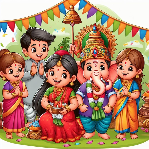 Crianças celebrando Ganesh chaturthi Ilustração de desenho animado para livro de histórias da escola ai imagens