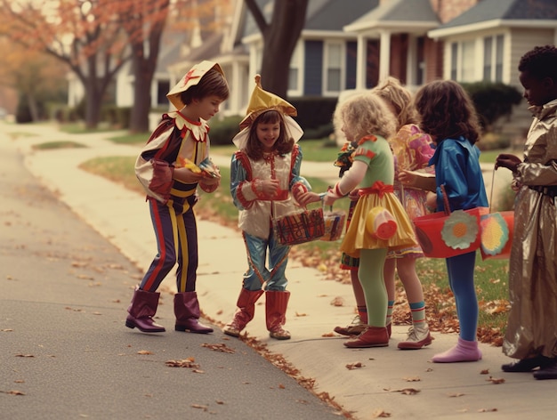 Crianças com abóbora coletando doces tema de Halloween gerado com IA