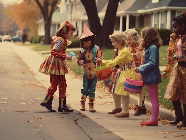 Crianças com abóbora coletando doces tema de Halloween gerado com IA