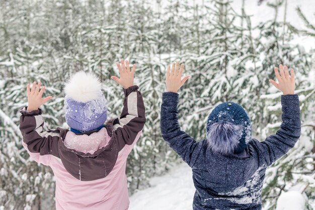 crianças com as mãos no fundo de uma floresta de inverno, vista traseira