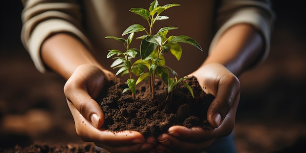 Foto crianças com as mãos segurando uma árvore na superfície do solo, plantação na primavera ou no verão mãos multiculturais