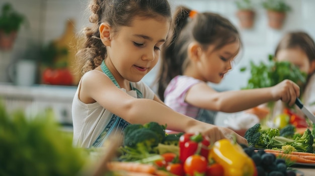 Foto crianças com avental preparando uma refeição saudável de vegetais na cozinha