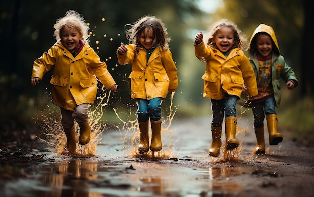 Crianças com botas de chuva amarelas brilhantes IA geradora