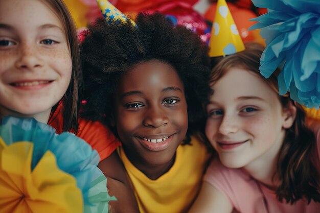 Crianças com chapéus de festa sorrindo durante uma celebração