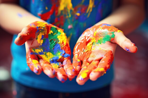 Foto crianças com mãos bagunçadas a pintar, artistas a colorir, gerar ai.