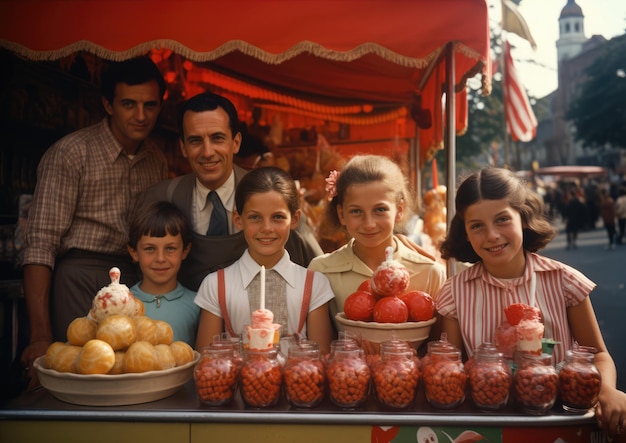 Crianças com seus pais em uma barraca de maçã doce de carnaval