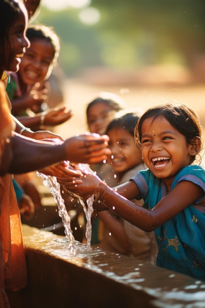 Crianças comemorando o acesso à água limpa