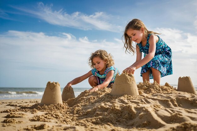 Foto crianças construindo castelos de areia em uma praia costeira