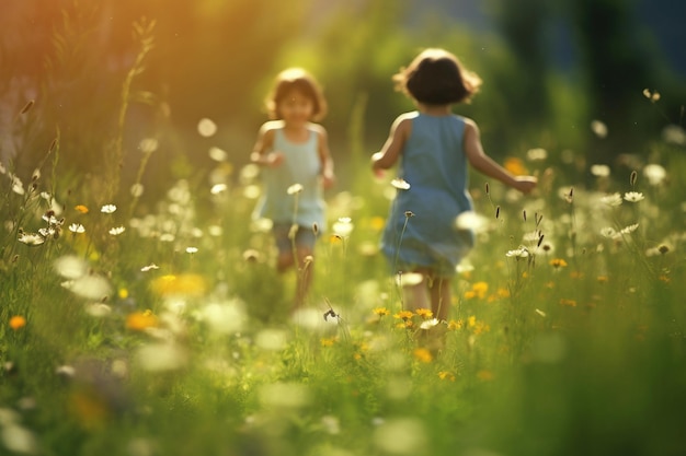 Crianças correndo e brincando em um prado cheio de flores Dia das Crianças