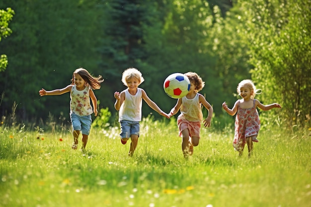 Crianças correndo em um campo com uma bola