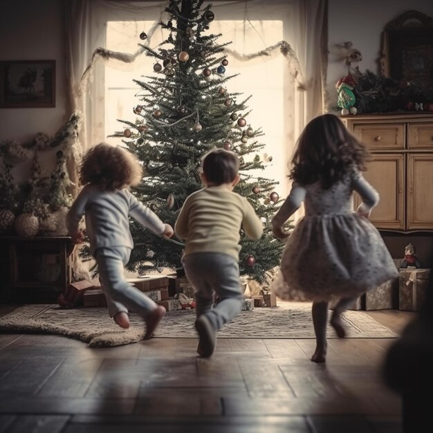 Crianças correndo para desempacotar os presentes de Ano Novo do conceito de celebração do feriado do Papai Noel