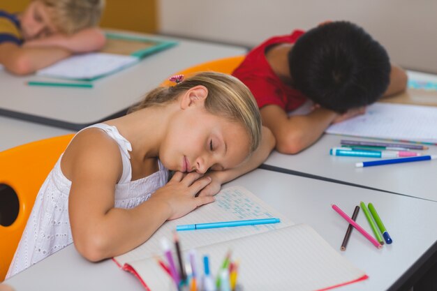 Crianças da escola dormindo na mesa