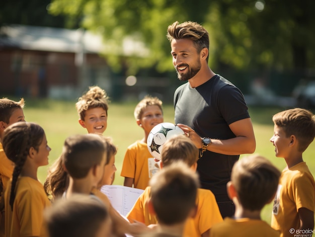 Crianças da escola primária e o professor sentados com a bola no campo