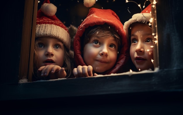 Crianças da noite encantada testemunham a silhueta do trenó do Papai Noel contra uma lua luminosa