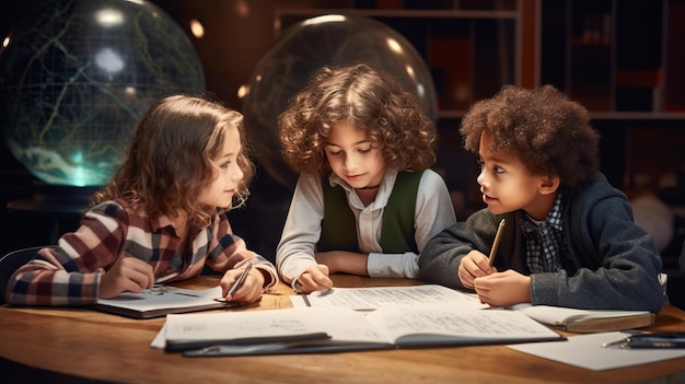 Foto crianças da quarta série estão estudando juntas dentro de casa.