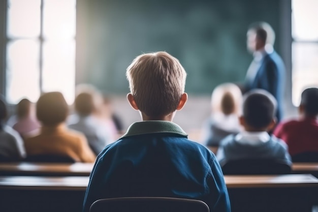 Crianças da sala de aula da escola primária participando ativamente das aulas e interações com o professor