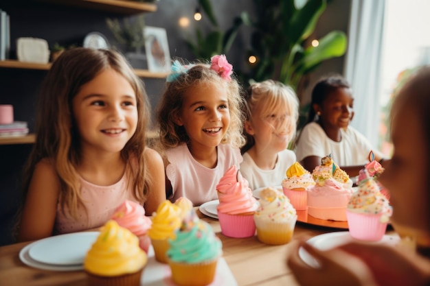 crianças de 56 anos na mesa festiva com doces