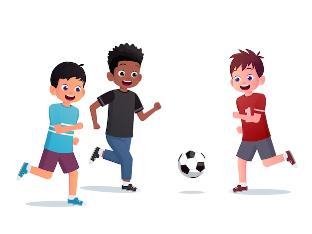 Crianças de desenho animado jogando futebol Crianças se divertindo jogando fuitebol juntas Ilustração vetorial