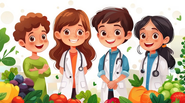 Crianças de desenhos animados com médicos e vegetais em fundo branco