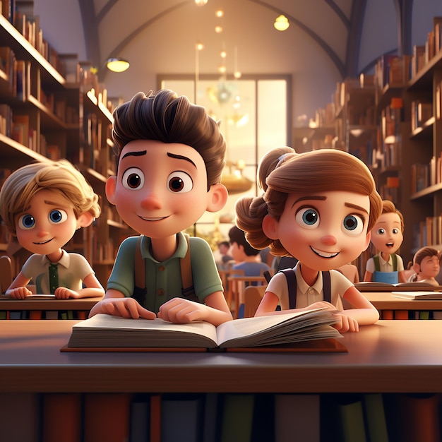 Crianças de desenhos animados em 3d na biblioteca