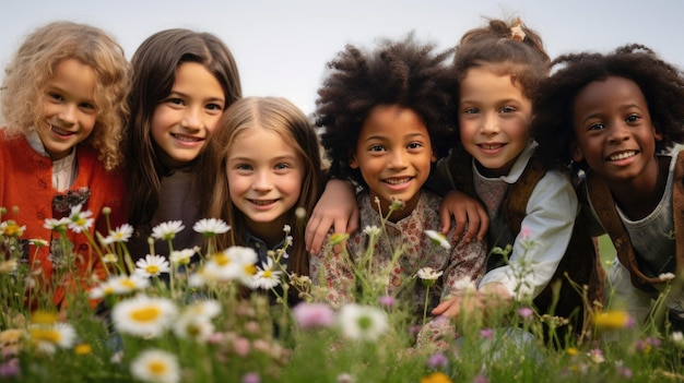 Foto crianças de diferentes culturas, raças e etnias desfrutam juntas num prado com flores