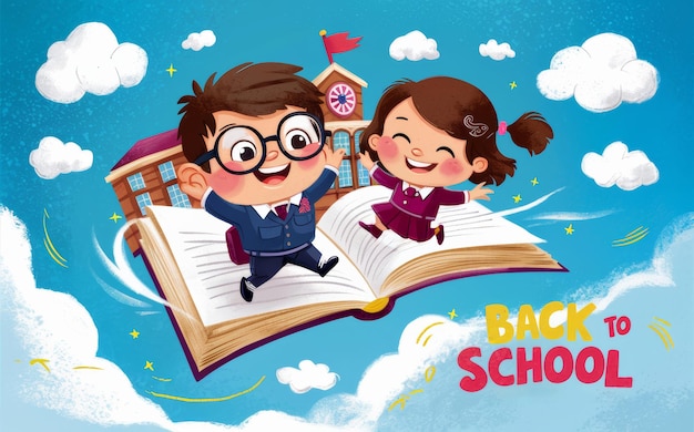 Crianças de escola animadas em um livro voador