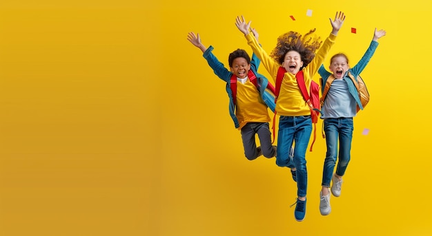 Foto crianças de escola com mochilas saltando em fundo amarelo