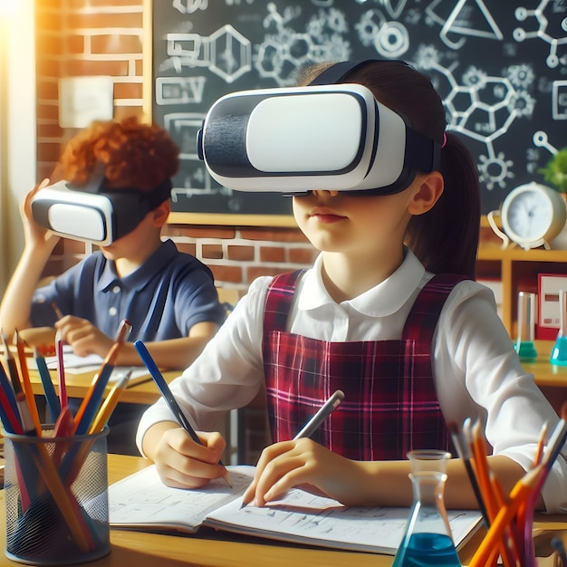 Crianças de escola usando óculos de realidade virtual para ler e escrever educação científica