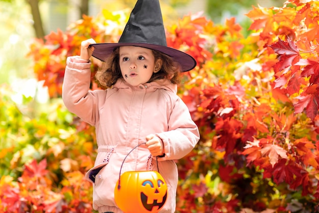 Crianças de Halloween no outono. engraçada linda garota de chapéu preto, abóbora Jack, balde doce doce no outono.