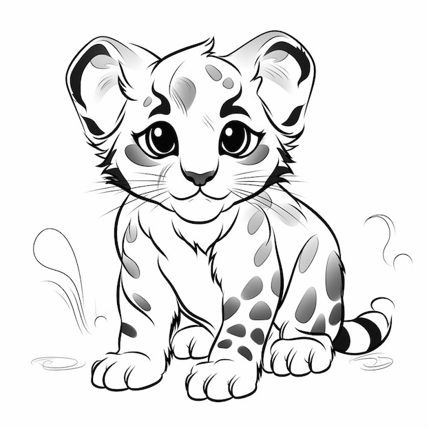 Crianças de leopardo nublado aprendendo charme livro de colorir plano kawaii arte de linha