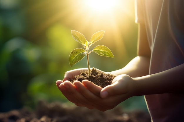 crianças de mão segurando planta jovem com luz solar em fundo de natureza verde conceito eco dia da terra