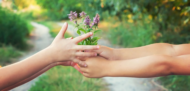 crianças de mãos dadas juntos com flores. Foco seletivo.