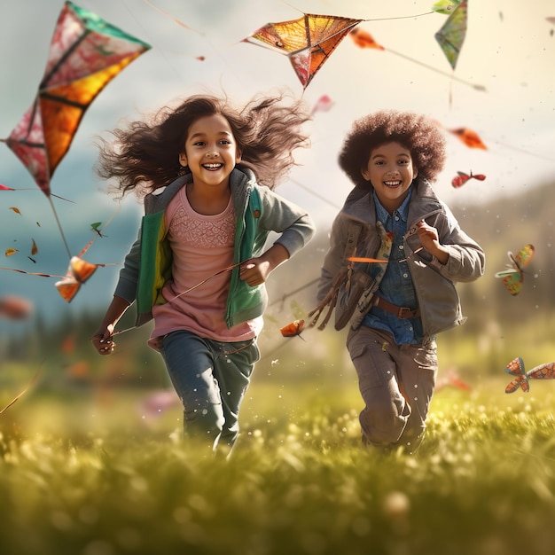 Crianças de raça mista felizes com pipas correndo na grama Ai Generative